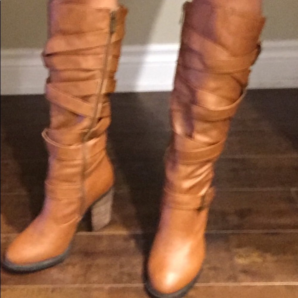 Cognac below the knee chunky heel boots